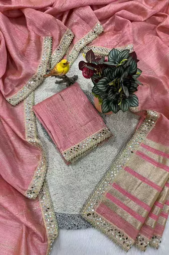 Pink pure cotton embroidered mirror work heavy look ethnic saree with blouse