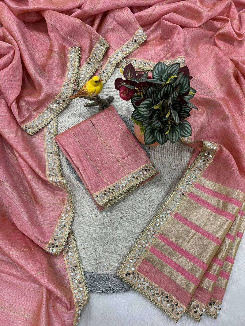Pink pure cotton embroidered mirror work heavy look ethnic saree with blouse