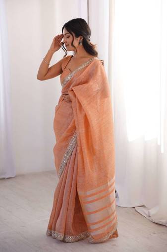 Orange pure cotton embroidered mirror work heavy look ethnic saree with blouse