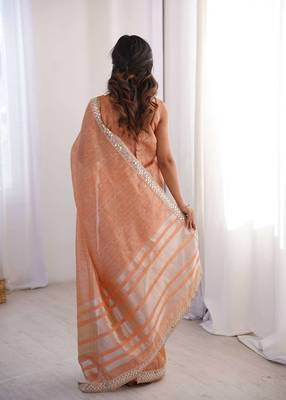 Orange pure cotton embroidered mirror work heavy look ethnic saree with blouse 2