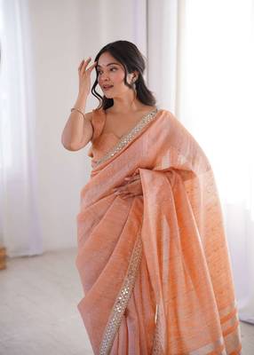 Orange pure cotton embroidered mirror work heavy look ethnic saree with blouse 3