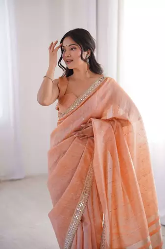 Orange pure cotton embroidered mirror work heavy look ethnic saree with blouse