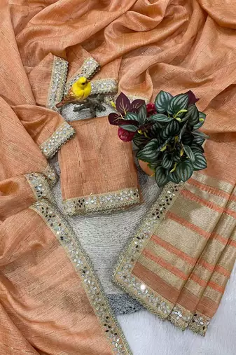 Orange pure cotton embroidered mirror work heavy look ethnic saree with blouse