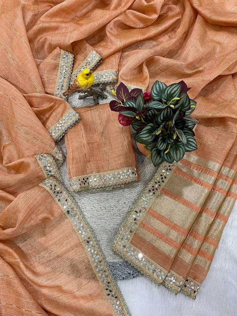 Orange pure cotton embroidered mirror work heavy look ethnic saree with blouse