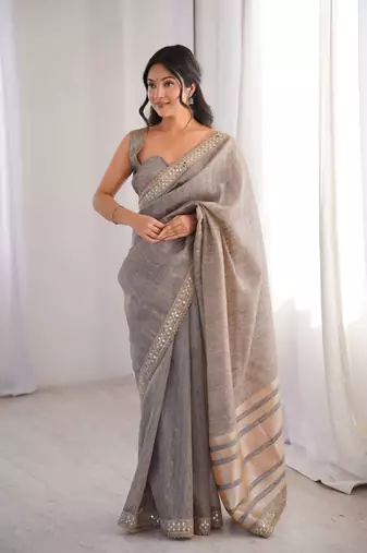 Grey pure cotton embroidered mirror work heavy look ethnic saree with blouse