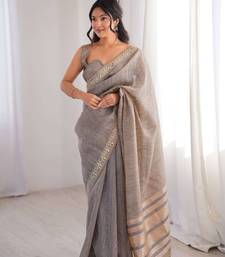 Grey pure cotton embroidered mirror work heavy look ethnic saree with blouse