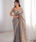 Grey pure cotton embroidered mirror work heavy look ethnic saree with blouse