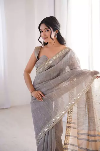 Grey pure cotton embroidered mirror work heavy look ethnic saree with blouse