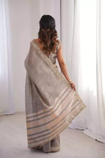 Grey pure cotton embroidered mirror work heavy look ethnic saree with blouse