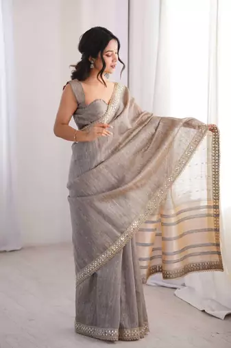 Grey pure cotton embroidered mirror work heavy look ethnic saree with blouse