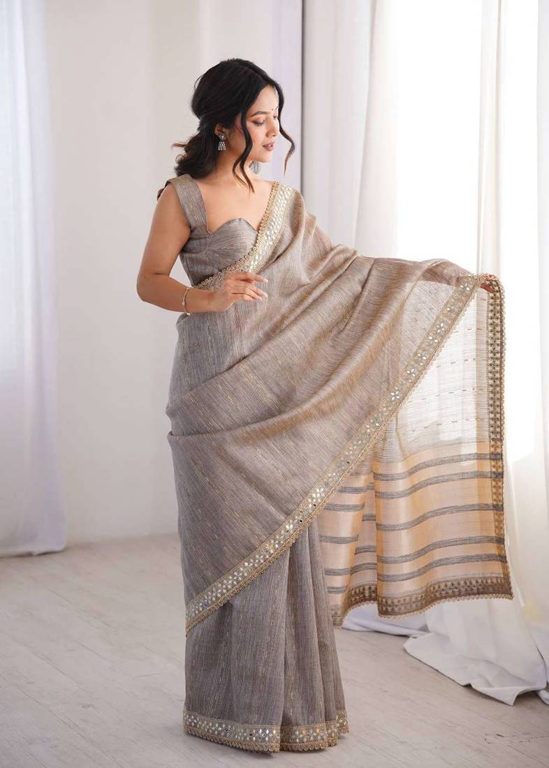 Grey pure cotton embroidered mirror work heavy look ethnic saree with blouse