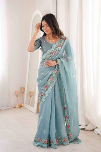 Sky blue silk embroidered thread work heavy look ethnic saree with blouse
