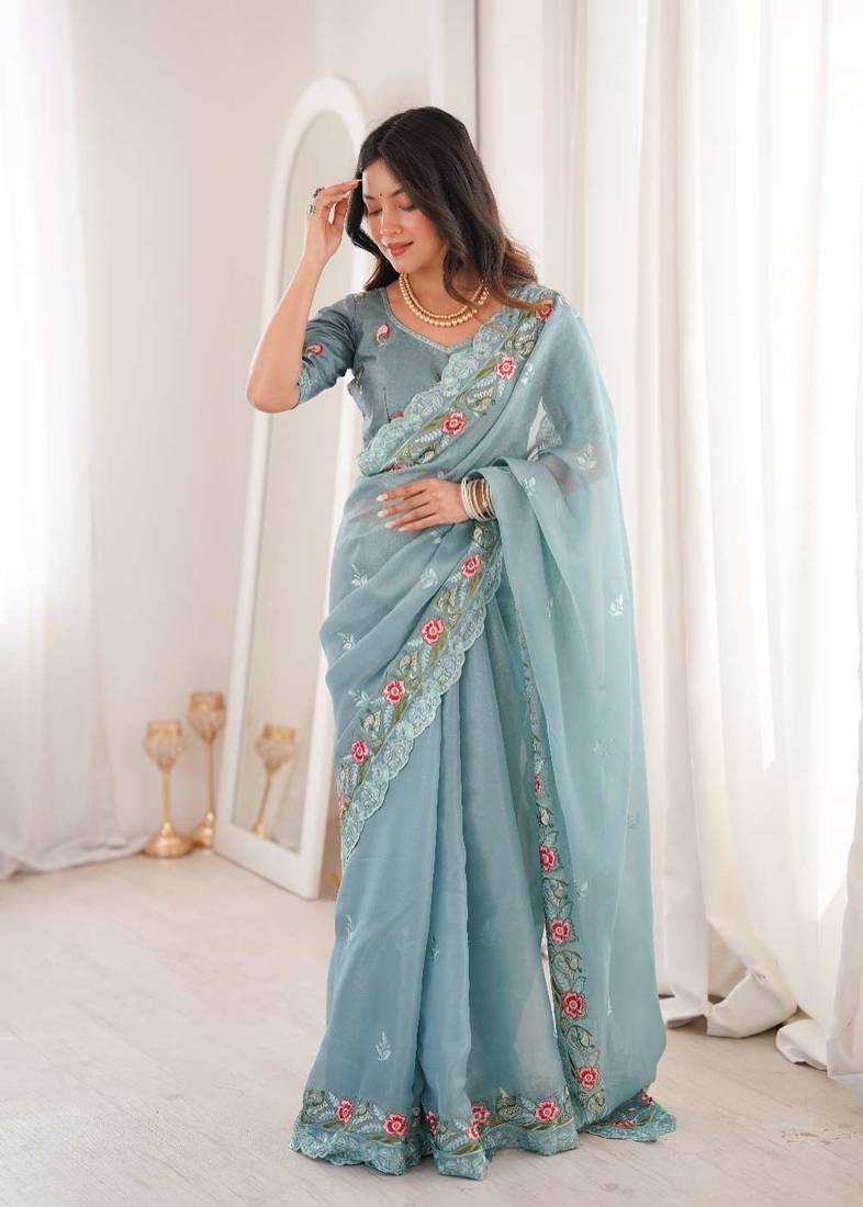 Sky blue silk embroidered thread work heavy look ethnic saree with blouse