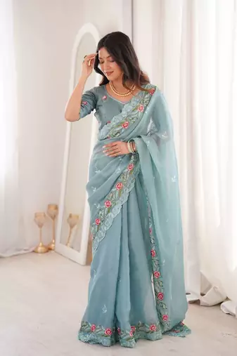 Sky blue silk embroidered thread work heavy look ethnic saree with blouse