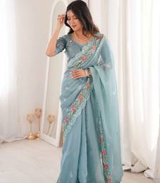 Sky blue silk embroidered thread work heavy look ethnic saree with blouse