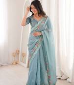 Sky blue silk embroidered thread work heavy look ethnic saree with blouse