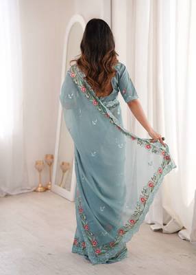 Sky blue silk embroidered thread work heavy look ethnic saree with blouse 2