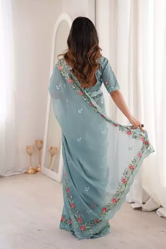 Sky blue silk embroidered thread work heavy look ethnic saree with blouse