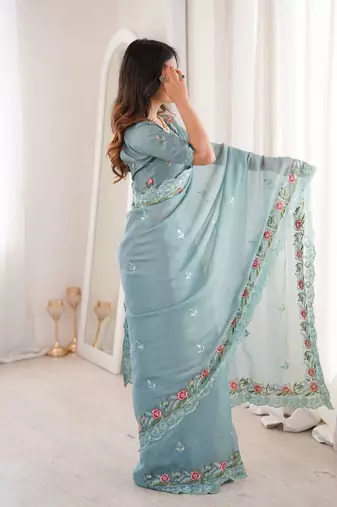 Sky blue silk embroidered thread work heavy look ethnic saree with blouse