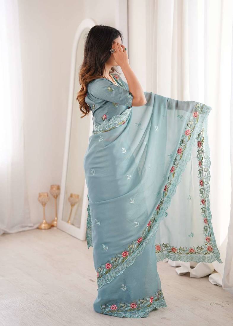 Sky blue silk embroidered thread work heavy look ethnic saree with blouse