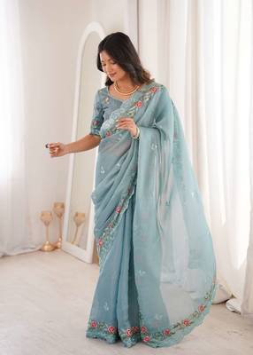 Sky blue silk embroidered thread work heavy look ethnic saree with blouse 4