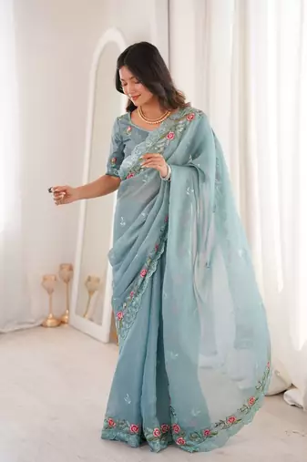 Sky blue silk embroidered thread work heavy look ethnic saree with blouse