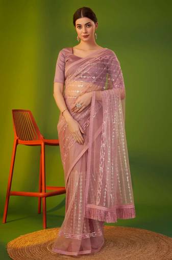 Pink net embroidered sequins work heavy look ethnic saree with blouse