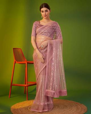Pink net embroidered sequins work heavy look ethnic saree with blouse 1