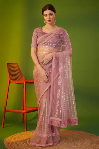 Pink net embroidered sequins work heavy look ethnic saree with blouse