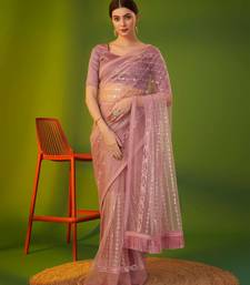 Pink net embroidered sequins work heavy look ethnic saree with blouse