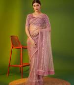 Pink net embroidered sequins work heavy look ethnic saree with blouse