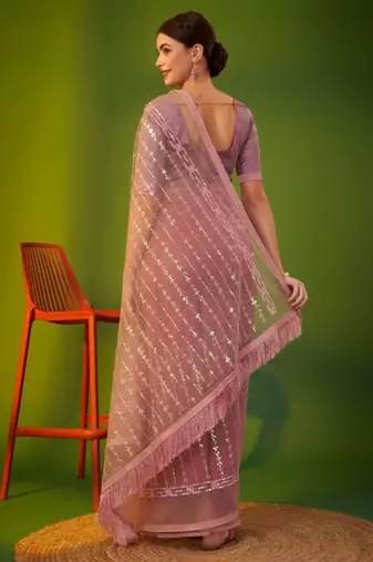 Pink net embroidered sequins work heavy look ethnic saree with blouse
