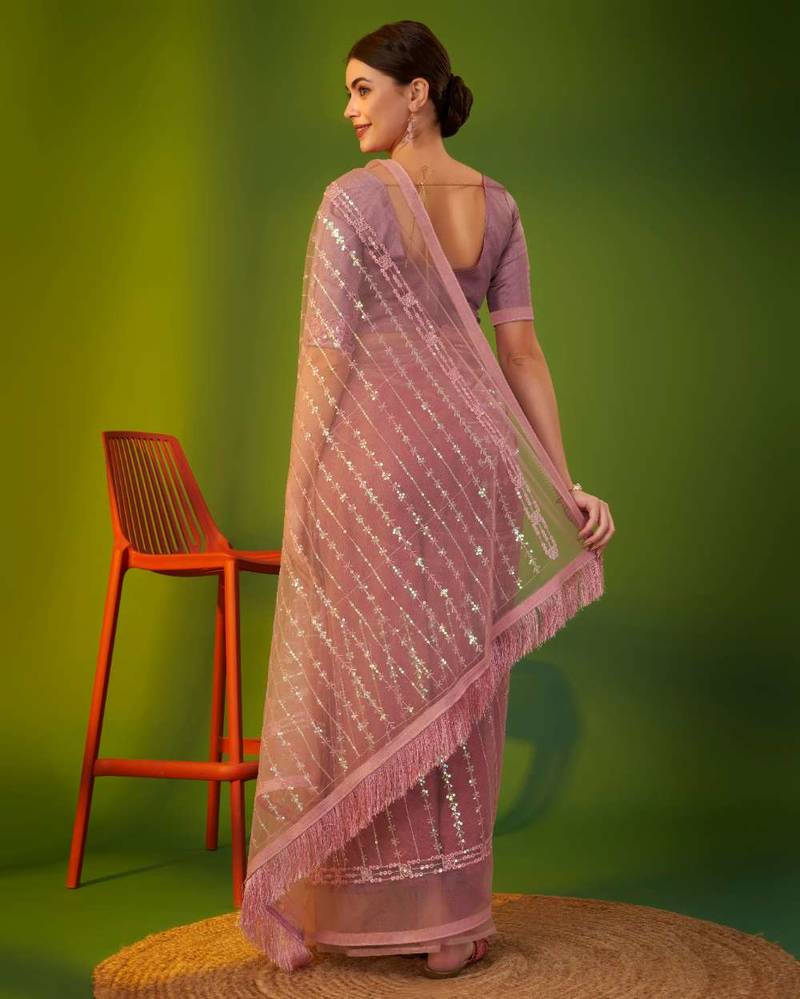 Pink net embroidered sequins work heavy look ethnic saree with blouse