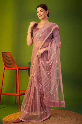 Pink net embroidered sequins work heavy look ethnic saree with blouse