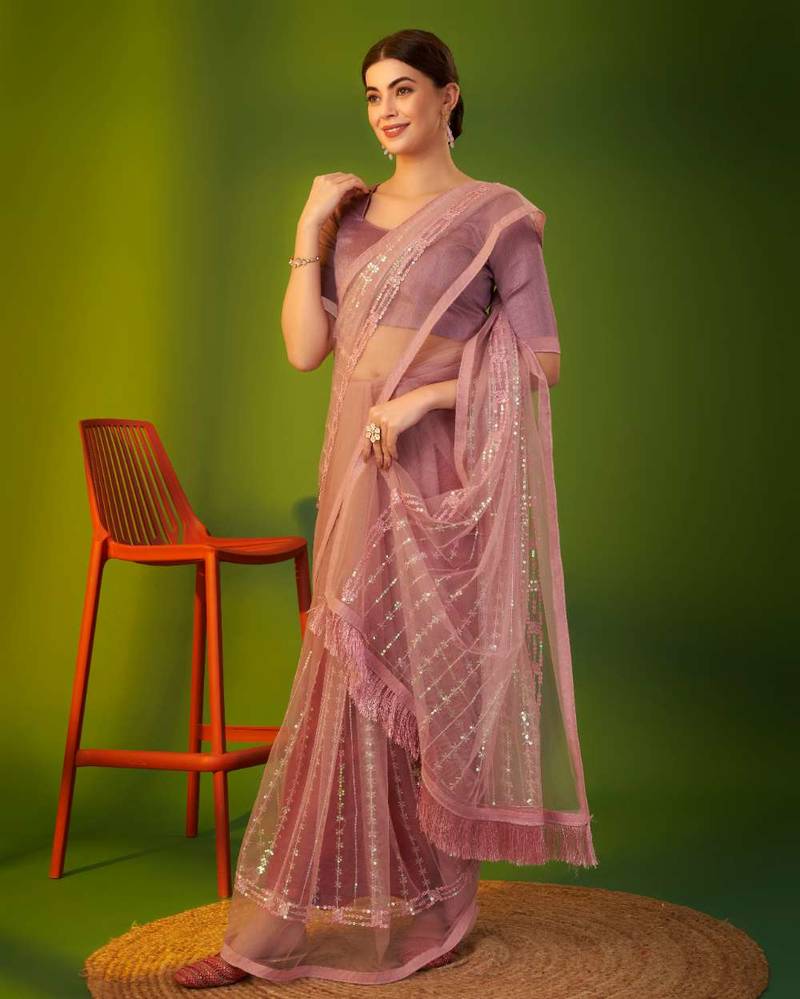 Pink net embroidered sequins work heavy look ethnic saree with blouse
