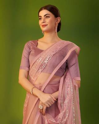 Pink net embroidered sequins work heavy look ethnic saree with blouse 4