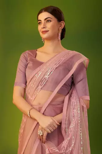 Pink net embroidered sequins work heavy look ethnic saree with blouse