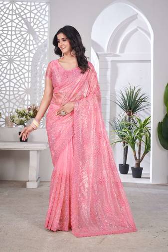 Peach net embroidered thread work heavy look ethnic saree with blouse