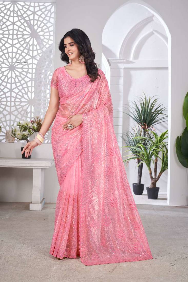Peach net embroidered thread work heavy look ethnic saree with blouse