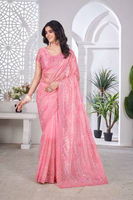 Peach net embroidered thread work heavy look ethnic saree with blouse 1