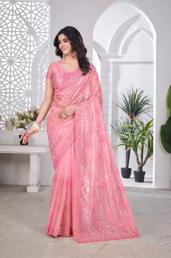 Peach net embroidered thread work heavy look ethnic saree with blouse