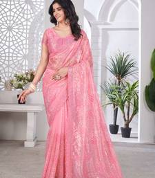 Peach net embroidered thread work heavy look ethnic saree with blouse