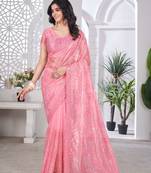 Peach net embroidered thread work heavy look ethnic saree with blouse