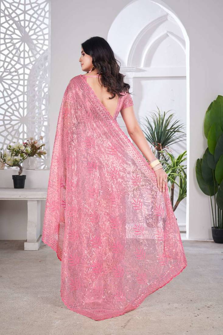 Peach net embroidered thread work heavy look ethnic saree with blouse