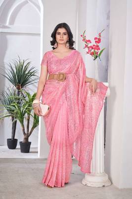 Peach net embroidered thread work heavy look ethnic saree with blouse 4