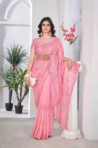 Peach net embroidered thread work heavy look ethnic saree with blouse