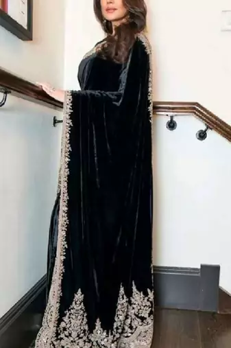 Black velvet embroidered sequins work heavy look ethnic saree with blouse