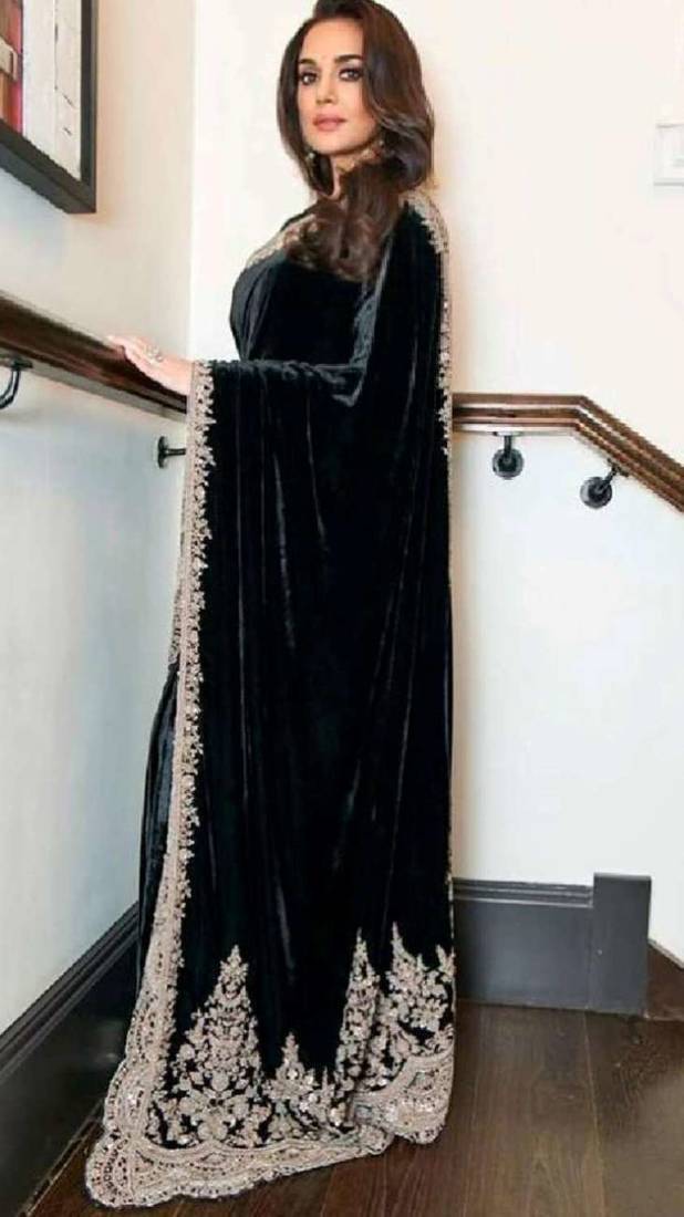 Black velvet embroidered sequins work heavy look ethnic saree with blouse