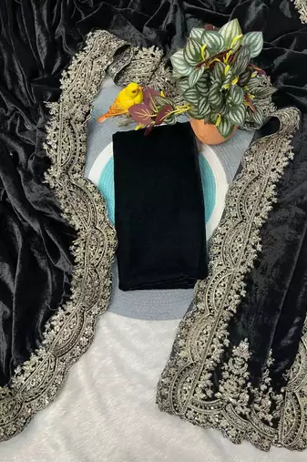 Black velvet embroidered sequins work heavy look ethnic saree with blouse