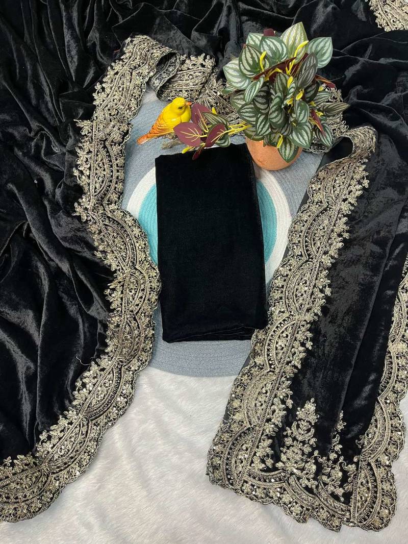 Black velvet embroidered sequins work heavy look ethnic saree with blouse